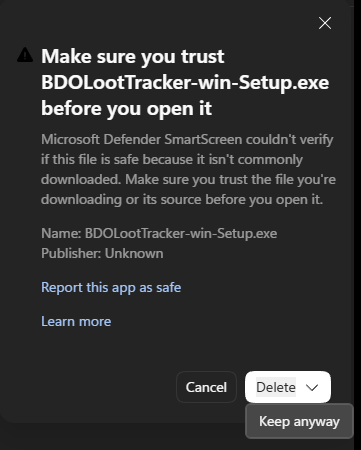 Edge panel: Make sure you trust this file — the Delete dropdown reveals Keep anyway
